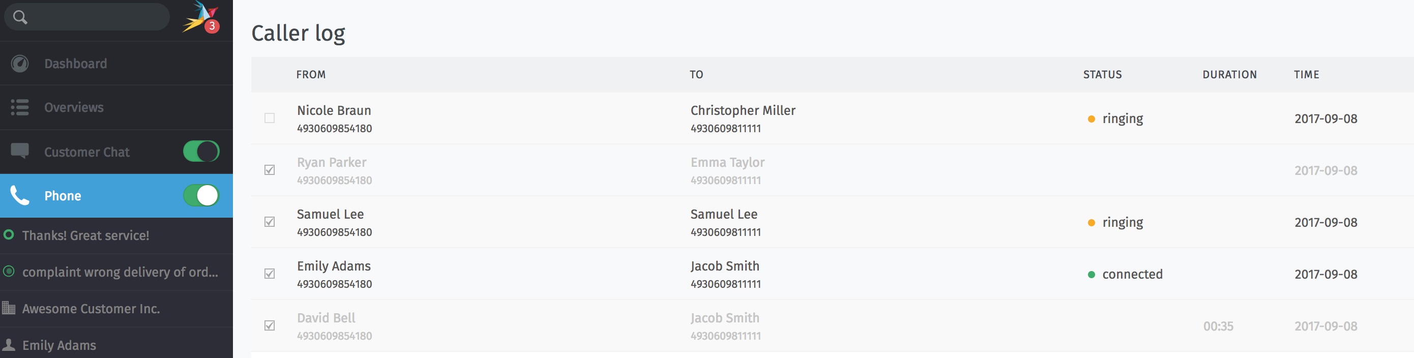 Sample view of Caller Log