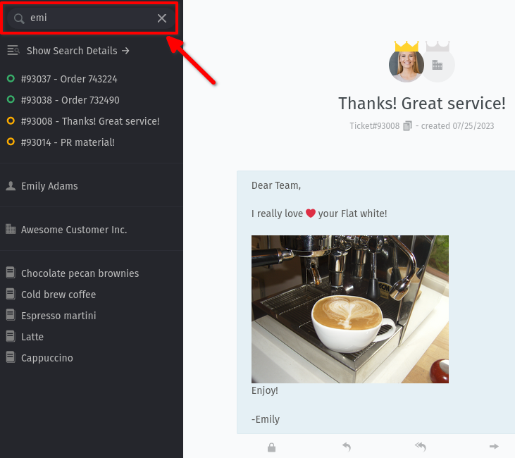 Screenshot shows the Zammad search with search results in the navigation sidebar.